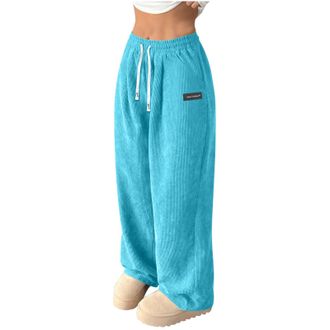 Generic Corduroy Trousers Women Casual Pull On Wide Leg Trousers with Pockets & Drawstring Ladies Elasticated Waist Lounge Pants Full Length Gym Running Track
