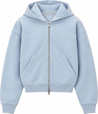 Alexander Wang Light Blue Crystal Logo Cotton Zip Hoodie Sweatshirt
