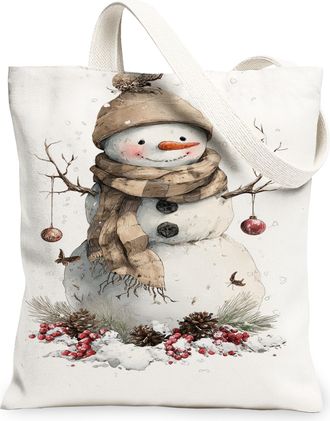 Generic Winter Snow Man Canvas Tote Bags, Cute Holiday Design Reusable Grocery Bags, Lightweight Washable Shoulder Strap Canvas for, White, 13x15 Inch