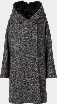 Akris Lamb Shearling Collar Double-Breasted Wool Herringbone Coat