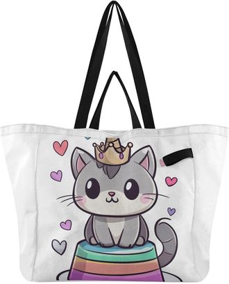 Generic Cat Hearts White pattern Reusable Canvas Tote Bag, Heavy Duty Grocery Shopping Bag with Large Capacity Hard Bottom Double Handles Work Groceries Trave