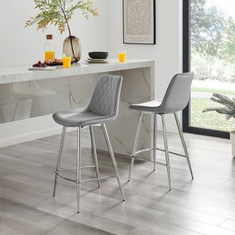 Furniturebox Pesaro Set of 2 Velvet Silver Legs Counter Stools in Grey