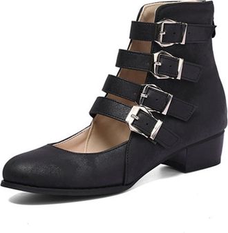 Generic Womens Fashion Buckle Strap Low Top Round Toe Mary Jane Ankle Booties Low Block Heels Vintage British Style Pumps Shoes (Black,7.5)