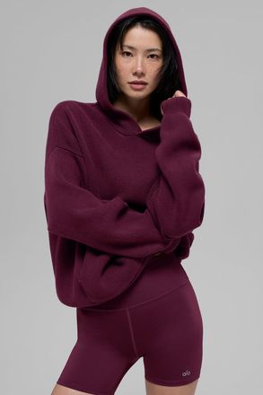 Alo | Scholar Hooded Sweater Top in Burgundy Purple, Size: Medium