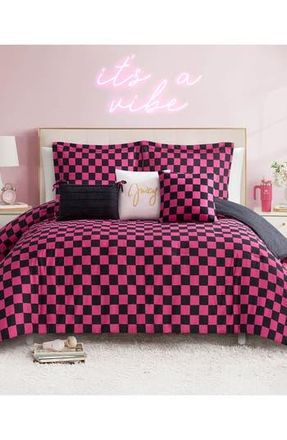 Juicy Couture Checkerboard Reversible Comforter & Sham Set in Checkerboard Black/Hot Pink at Nordstrom Rack, Size Twin/twin Xl