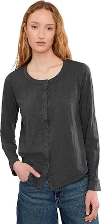 Mod-o-doc Long Sleeve Exposed Seams Button-Up Slim Cardi Womens Clothing Washed Ebony : LG (US 12-14), Cotton