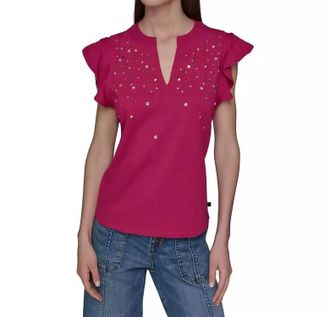 Karl Lagerfeld Studded Ruffle Knit Top In Cerise