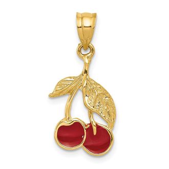 Diamond2Deal 14k Yellow Gold Polished Red Enameled Cherries Pendant