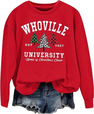 Generic Christmas Whoville University Sweatshirt Women Christmas Buffalo Plaid Tree Graphic Xmas Party Shirts Pullover Christmas Jumpers for Women Red