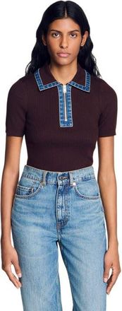 Sandro Knit polo sweater with denim collar in Brown at Nordstrom, Size X-Large