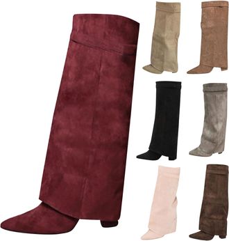 Generic Fold Over Boots for Womens Pointed Toe Knee High Boots with Side Zippers Ladies Suede Chunky High Heels Shoes Fall Winter Slouchy Pull on Tall Boot fo