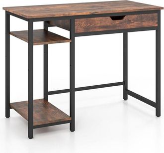 Costway Costway - Escritorio con Estanteria 100 x 50cm, Escritorio con Cajones y Almacenamiento, Estante Ajustable, Escritorio Ordenador Oficina Casa, Marrón