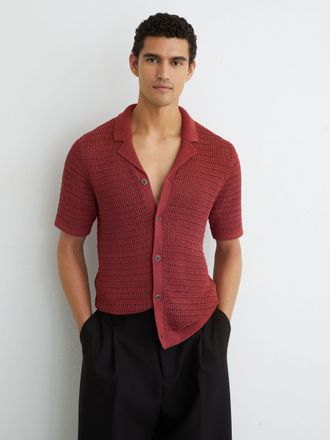 Reiss Rust Red Open-knit Button-through Shirt, Xxl