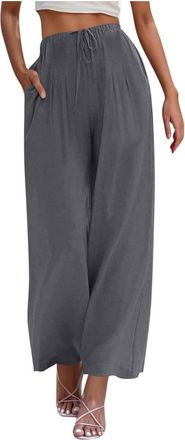 Generic Cotton Linen Palazzo Pants for Women UK Loose Fit Summer Trousers with Pockets Plain Gym Sport Wide Leg Joggers Elastic Waisted Jogging Bottoms Baggy 