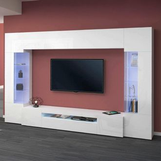 Dmora Dmora - Pared Equipada Dberard, Conjunto De Sal&oacute;n Mueble De Tv Con 6 Puertas, Mueble De Sal&oacute;n Polivalente Con Luz Led, 100% Made In Italy, Cm 290x40h1
