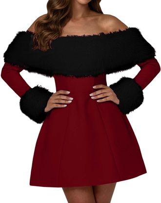 Generic Christmas Party Dress Formal Long Sleeve Off Shoulder Holiday Dresses Elegant Cocktail A-Line Mini Xmas Outfits (UK, Alpha, M, Regular, Regular, Wine)