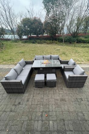 Fimous 10 Seater Outdoor PE Rattan Garden Furniture Gas Fire Pit Dining Table Set Lounge Sofa 2 PC Armchairs in Dark Grey