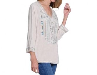 Multiples Three Quarters Sleeve V Neck Embroidered Top In Multi