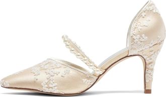 Emily Bridalwear A18353-49 Womens Wedding Shoes Pointed Toe 3.15 Inches Stiletto Heel Satin Pumps Pearl Flower Bridal Shoes,Champagne,8.5 UK