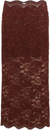 Paco Rabanne Floral Lace Brown Midi Skirt With Scalloped Hem