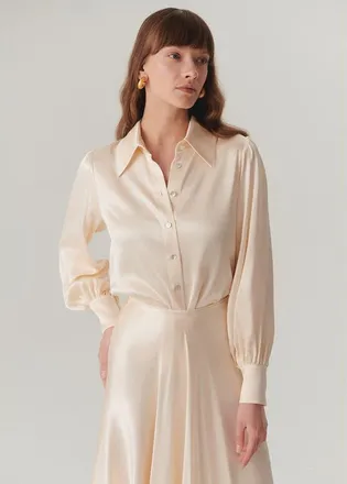 Exquise Kaia Satin Shirt in Ecru at Nordstrom, Size X-Large
