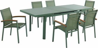 Vente-Unique Comedor de jard&iacute;n de aluminio: una mesa extensible 180/240 cm y 6 sillones apilables con brazos acacia - verde almendra - NAURU