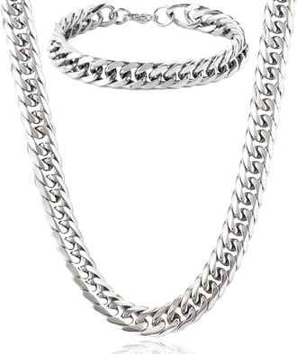 Crucible Jewelry Mens Bracelet and Necklace Stainless Steel Curb Chain Set