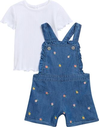 Little Me Embroidered Denim Shortalls & Short Sleeve Shirt Set in Blue at Nordstrom, Size 12M