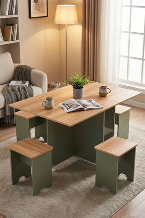 Living and Home Drop Leaf Dining Table Set with 4 Stools in Green