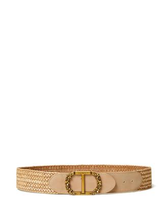 Twin-Set panelled embellished belt - women - Raffia/Calf Suede - M - Neutrals
