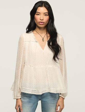 Lucky Brand Womens Clip Dot Long Sleeve Lace Top
