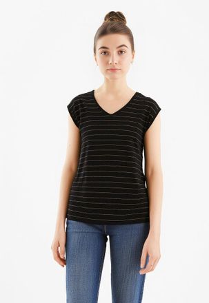 Pieces Kurzarmshirt PIECES PC BILLO, Damen, Gr. XS, schwarz (schwarz detail:wide gold lurex), Jersey, Obermaterial: 85% Viskose, 10% metallisierte Fasern, 5%