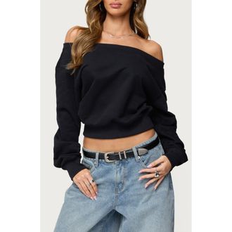 Edikted Christy Off the Shoulder Cotton Blend Sweatshirt in Black at Nordstrom, Size X-Large