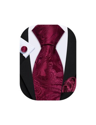 Barry.Wang Men Tie Set Paisley Burgundy Silk Necktie Pocket Square Cufflinks Formal Wedding Party Business