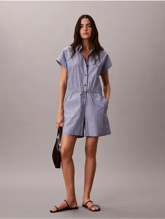 Calvin Klein Womens Yarn-Dyed Poplin Cotton Romper - Blue - XS