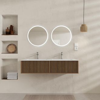 Aurlane Mueble De Ba&ntilde;o 2 Cajones 120 Roble Y Negro - Lavabo Blanco - Espejos Led 60