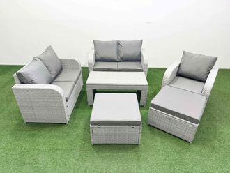 Fimous High Back Poly Rattan Garden Furniture Set w/ Reclining Chair Loveseat Sofa Oblong Coffee Table Indoor Outdoor Patio Set 2 Big Stool Light Grey