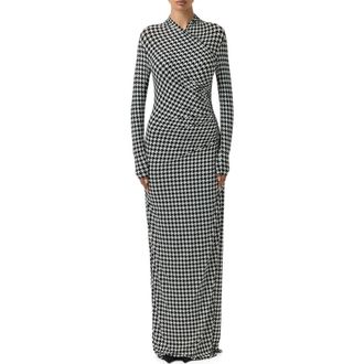 Naked Wardrobe Houndstooth Overlap Neck Long Sleeve Maxi Dress in Houndstooth Black/White at Nordstrom Rack, Size X-Small