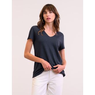 Celtic & Co. Relaxed V-Neck Linen Blend T-Shirt in Navy at Nordstrom, Size 14