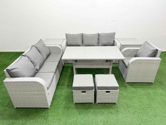 Fimous 9 Seater Poly Rattan Outdoor Garden Furniture Rectangular Dining Table Sofa Set Patio 3 Seater Sofa Reclining Chair 3 Seater Sofa Stools 2