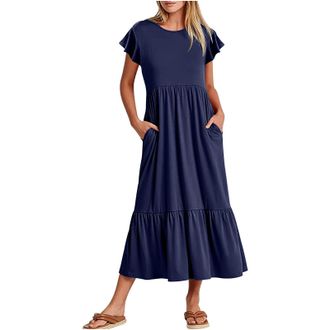 Generic Womens Summer Dress Clearance Plain Crewneck Cotton Dress Casual Layered Swing Flowy Bohemian Beach Dress Holiday Going Out Short Sleeve Dress Lady Su