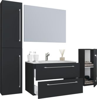 VCM Vcm - 5pcs Set 1 Lavabo Con Dos Cajones, 1 Espejo, 1 Lavabo, 1 Midischrank, 1 Gabinete Alto Lavabo De Cer&aacute;mica Gabinete Inferior Colgante 80 Cm Set De
