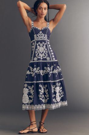 Farm Rio Blue and White Embroidered Midi Dress