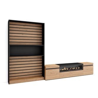Skraut Home Skraut Home - Muebles De Sal&oacute;n Para Tv, Conjunto De Muebles Comedor, 310x186x35cm, Para Tv Hasta 80, Chimenea El&eacute;ctrica, Estilo Moderno, Roble Y Negro