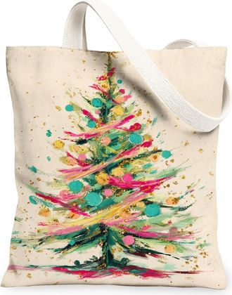 Generic Christmas Tree Canvas Tote Bags, Colorful Artistic Reusable Grocery Bags, Vintage Lightweight Washable Shoulder Strap for H, Multicolor, 13x15 Inch