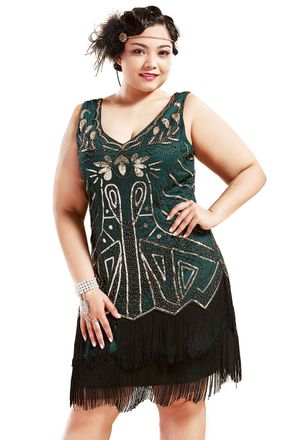 Babeyond Womens Flapper Dresses 1920s V Neck Beaded Fringed Great Gatsby Dress, Gold & Dark Green, X-Small