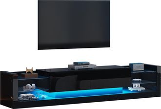 STILVORA Mueble De Tv Con 2 Cajones Abatibles Y Led, Frente De Cristal, Brillo, Sal&oacute;n, De Tablero De Part&iacute;culas, Negro, 181&times;38&times;38 Cm