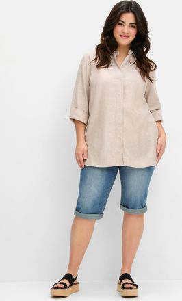 Sheego Hemdbluse SHEEGO, Damen, Gr. 40, beige, 70% Viskose, 30% Leinen, gemustert, gestreift, Blusen Hemdbluse