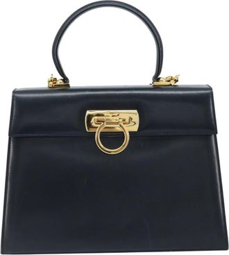 Ferragamo Convertible Top Handle Bag Leather Navy Leather Handbag (Pre-Owned)