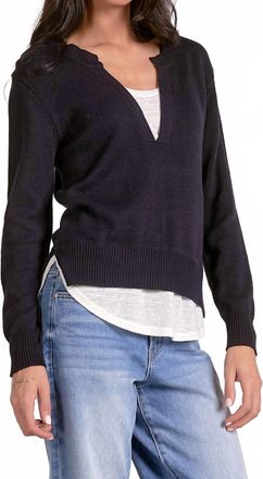 Elan Layered Two-For One Knit Top In Navy & White
